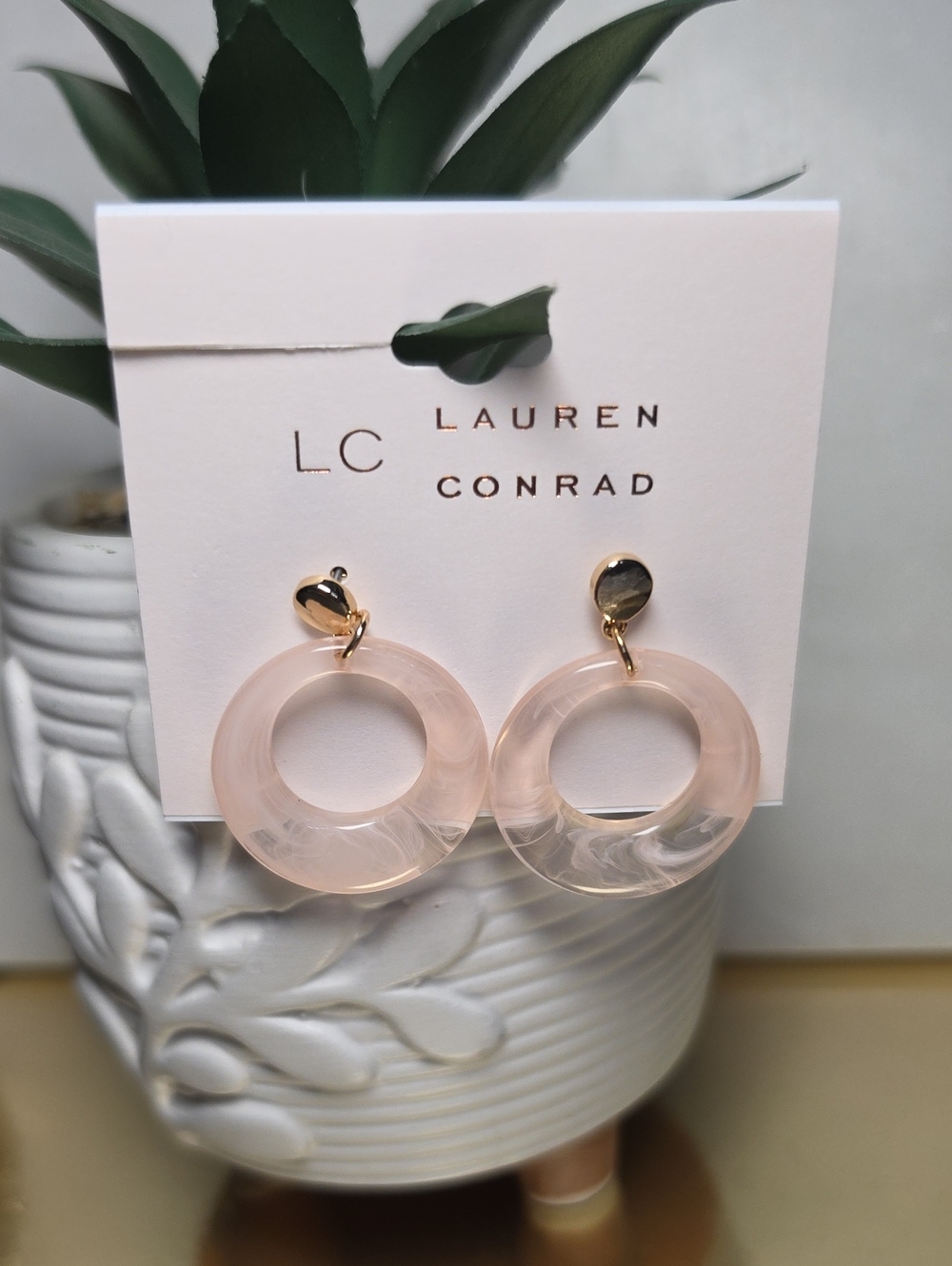 LC Lauren Conrad Blush Resin Hoop Drop Earrings with Gold Accents